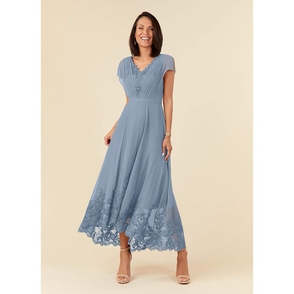 NWT AZAZIE Palana Dusty Blue A-Line Lace Chiffon Dress - Picture 1 of 11